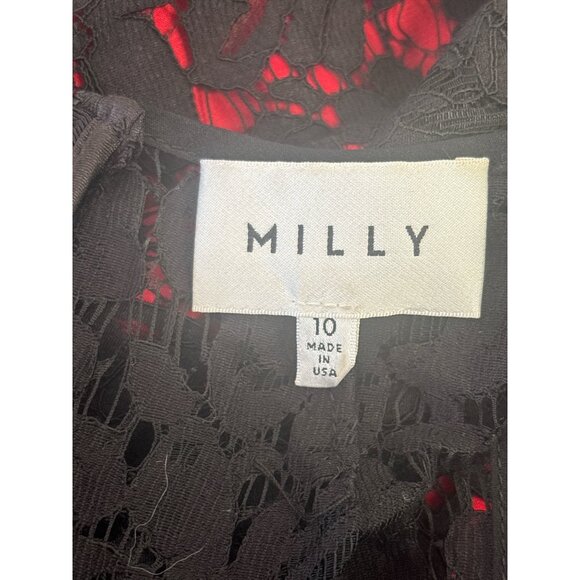 Milly Black Red Lace Sleeveless Midi Dress Size 10 Made in USA Floral Overlay Co - Picture 8 of 12